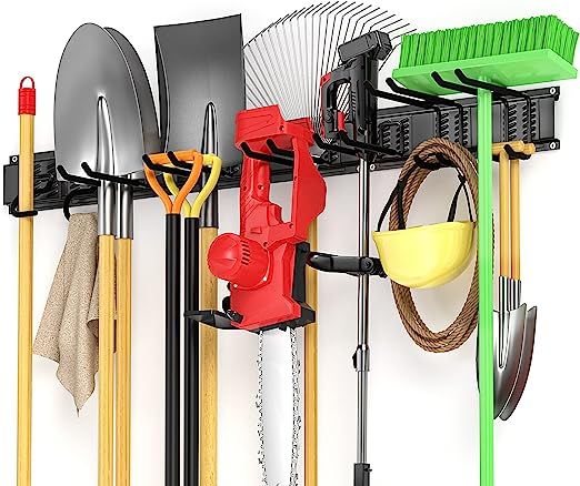 Garage Tool Organizer Wall Mount 11 PCS, Yard Garden Tool Organizer, Adjustable Garage Organizers with 8 Heavy Duty Hooks, Max Load 500lbs Garage Storage for Garden Tools, Shovels, Trimmers, Hoses